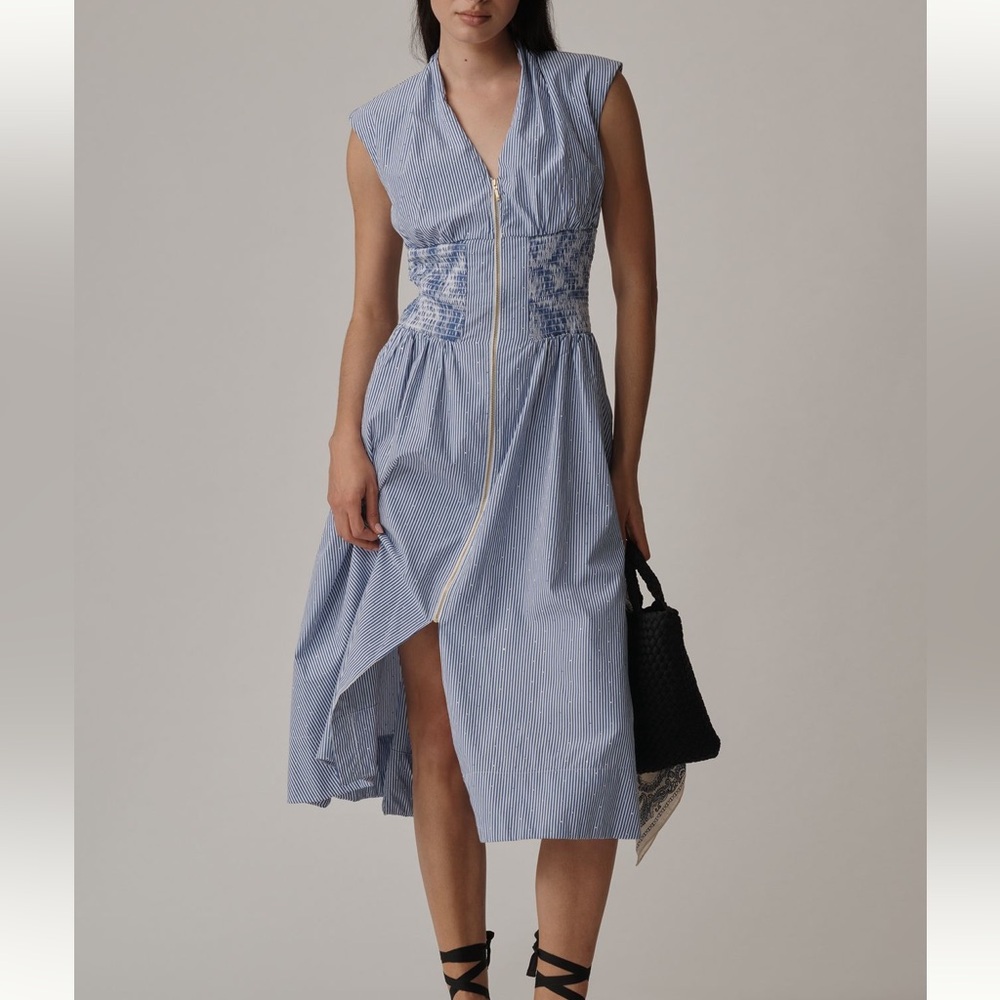 Anthropologie Tommie Dress Front-Zip Cap-Sleeve Smocked Midi Shirt Dress Shine